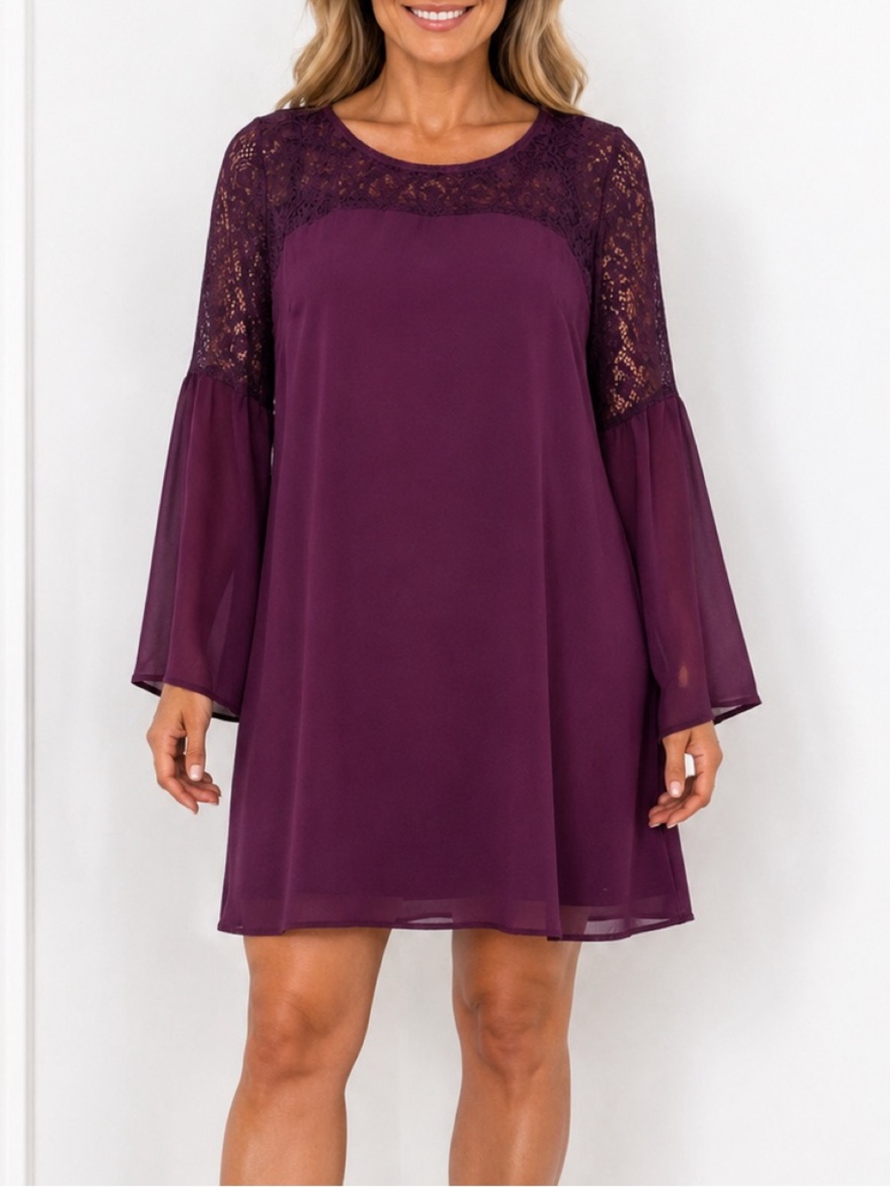 Charlotte Russe purple shift dress with lace inlet bell sleeves
